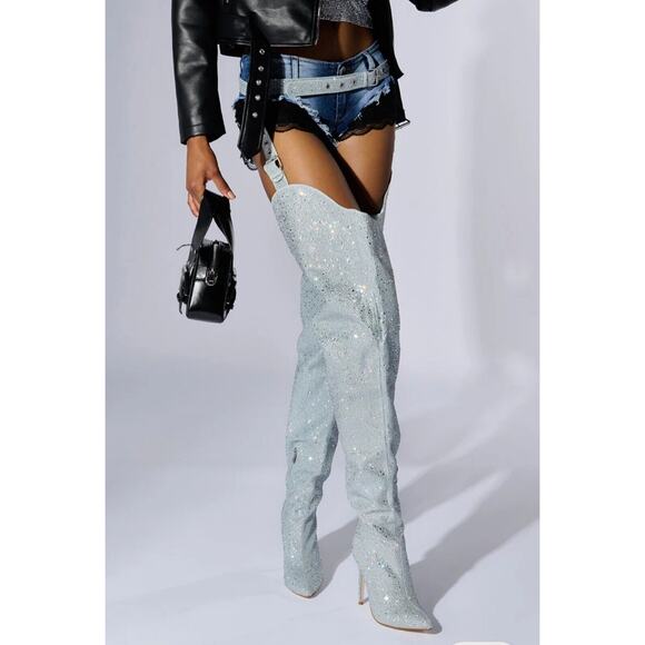 AZALEA WANG Jinny Embellished Thigh High Denim Chap Silver Boots Size 7 NWB - Picture 2 of 8